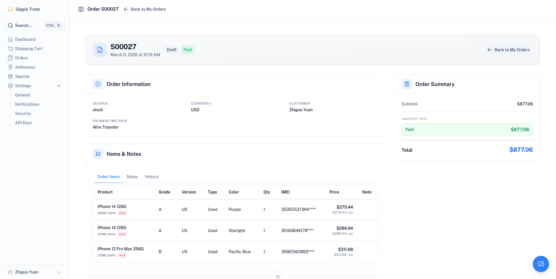 Order detail — stock order paid